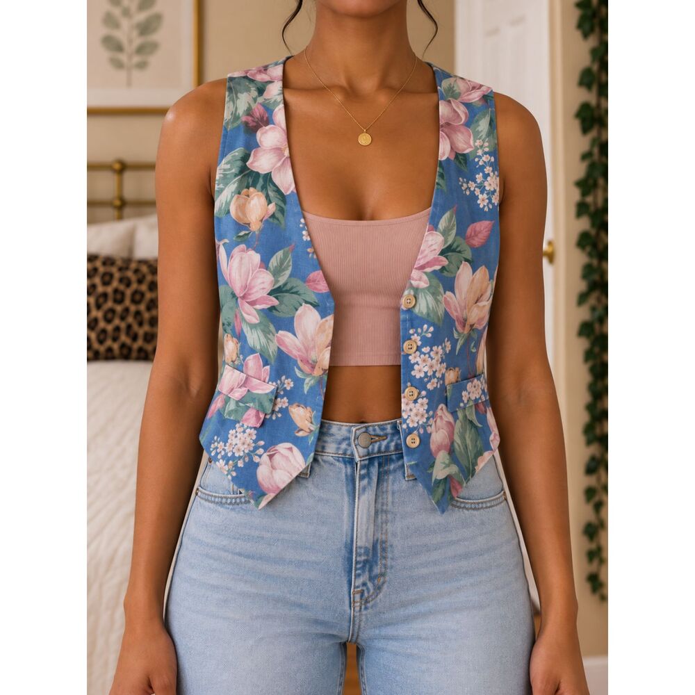 Vintage Denim & Co Jeanswear Women Size M Button Front Vest Floral Print Boho